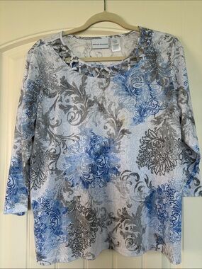 Alfred Dunner Blue & Gray Scroll-Print Long Sleeve Top